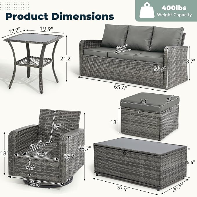 7 Pieces Outdoor Patio Furniture Set with Swivel Chairs, Outdoor Conversation Wicker Patio Furniture for Porch Deck Bistro Lawn Garden Backyard Poolside-Grey