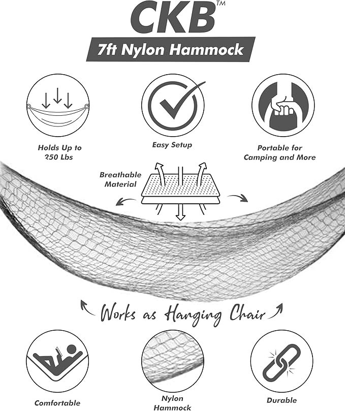 CKB 7ft Nylon Hammock - Portable and Easy to Set Up - Holds up to 220LBs