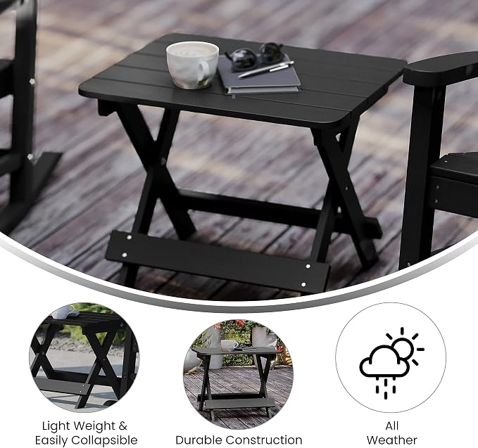 Flash Furniture Halifax Outdoor Folding Side Table, Portable All-Weather HDPE Adirondack Side Table, Black