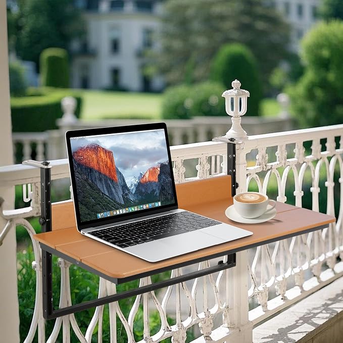Balcony Railing Hanging Table Outdoor Folding Balcony Bar Table for Railings, Fit Railings 1" to 5.5", Adjustable Height Deck Railing Table for Garden Patio, 39.3" x 15.0", Teak
