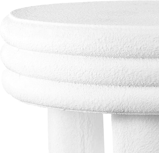 JONATHAN Y Rashida 13.5" White Frosted Modern Round Polyresin Indoor Outdoor Accent Coffee Table, Weather Resistant Low Table with Chunky Ribbed Stacked Ring Design and Tripod Pillar Base TBL1105B