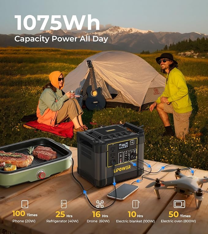 Lipower Portable Power Station with 200W Solar Panel,1200W(2000W Peak) Solar Generator,1075Wh LiFePO4 Battery,Plug & Play Battery Backup,IP68 Waterproof ETFE Portable Solar Panels for Camping