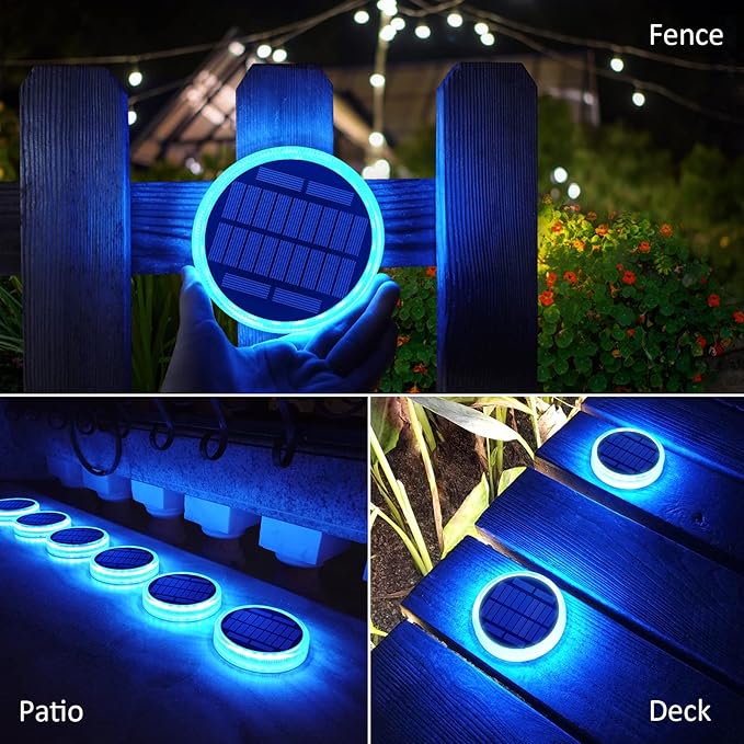 Blue Solar Deck Dock Lights Solar Powered, Step Warning Lights for Outside Driveway Sidewalk Garden Pathway Yard (4 Pack)