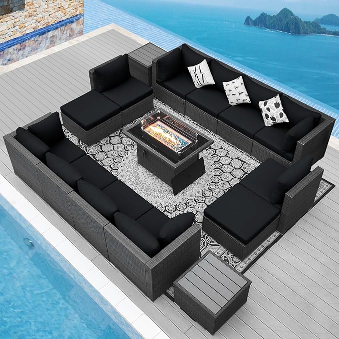 NICESOUL 15 Piece Outdoor Sectional with Fire Pit Table, Modern Luxury Patio Deep Seating w/Firepit, 29.3'' High-Back Wicker Couch Thick, Big High-Weight Capacity Sofa for Terrace, Yard, Gray & Black