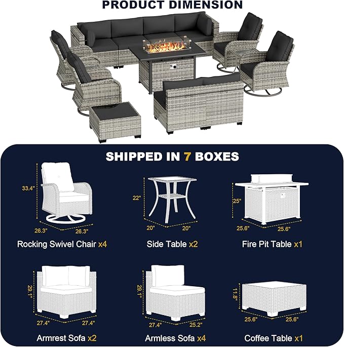 14-Piece Outdoor Patio Furniture Set with Rocking Swivel Chair, Wicker Rattan Sectional Sofa Conversation Set with 55,000 BTU Fire Pit Table, Backyard Furniture, Dark Grey