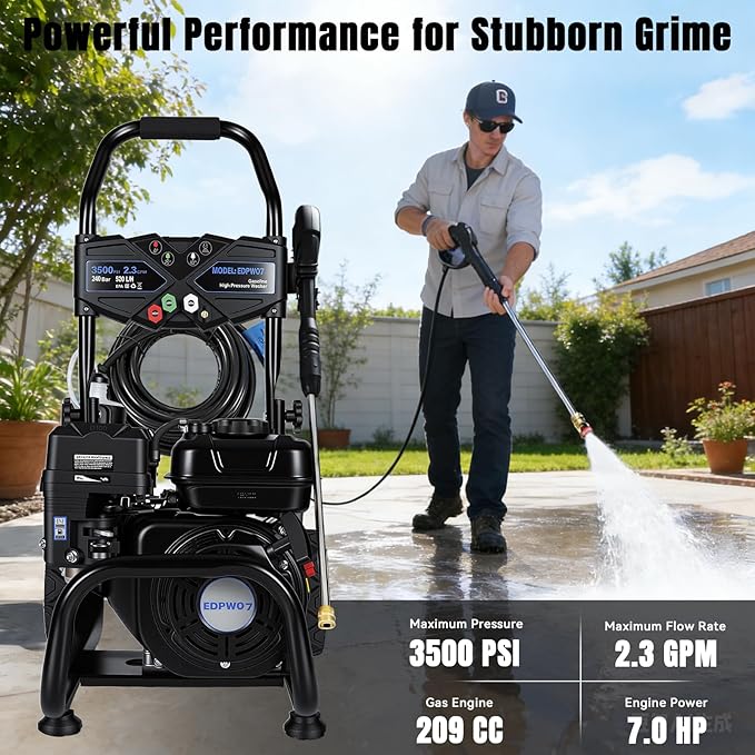 Gas Pressure Washer, 3500PSI / 209CC / 2.3GPM / 7HP 4-Stroke Portable Power Washer Gas with 4 Quick Connect Nozzles, 25FT Hose, Soap Tank, Pressure Washer Gas Powered for Car Driveway Deck Paint Prep