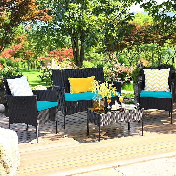 Tangkula 4 Piece Patio Furniture Set, Outdoor Wicker Conversation Set with Tempered Glass Coffee Table, Rattan Loveseat & Chairs Set with Seat Cushions for Backyard, Garden, Poolside (1, Turquoise)