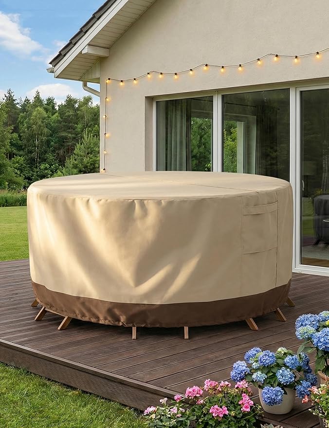 Vailge Round Patio Furniture Covers, 100% Waterproof Outdoor Table Chair Set Covers, Anti-Fading Cover for Outdoor Furniture Set, UV Resistant (Beige&brown, 62"DIAx28"H)
