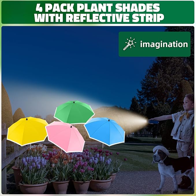 4 Pack 24.9" Plant Umbrellas for Outdoor Plants,47.2" Height Small Umbrella with Reflective Strip, Adjustable Plant Shades for Outdoor Plants, Garden, Potted