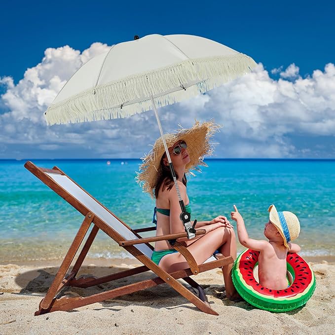 Buryeah 2 Pcs Beach Chair Umbrella Automatic with Universal Adjustable Clamp 44" UPF 50+ Portable Clamp on Beach Chair for Wheelchair Patio Golf Carts Camping