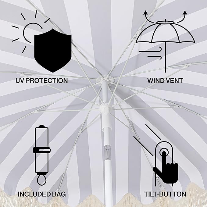JONATHAN Y Mariner 6.5 ft. Beach Umbrella, Navy/White Striped with Fringe, Push-Button Tilt, UPF 50+ Sun Protection and Carrying Bag for Patio and Pool, White Pole UMB1003N