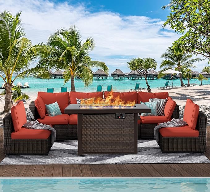 Patio Furniture Set with Fire Pit Table, Outdoor Sectional Rattan Sofa Set, Patio Set Seating Furniture with Thickened Cushions (Red, 7 Pieces)