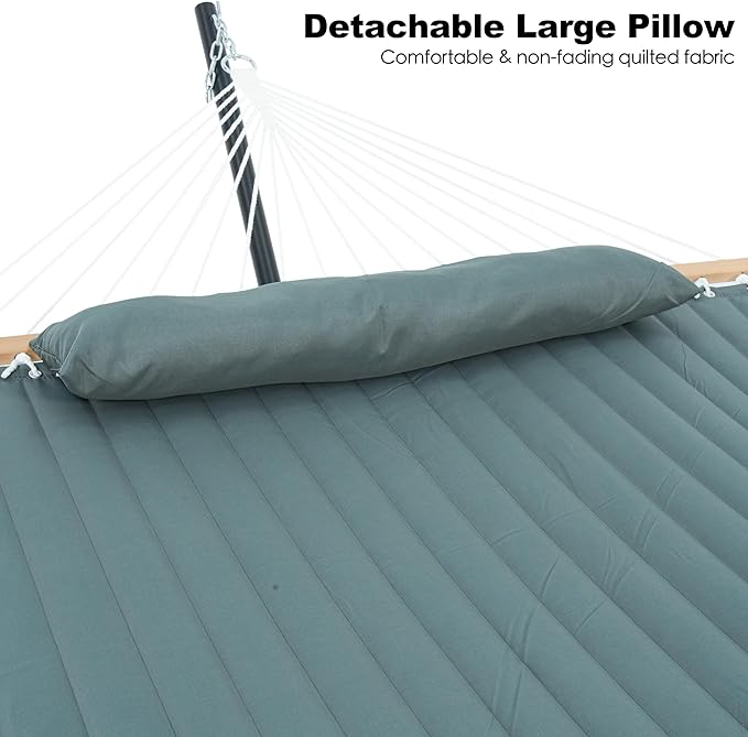 2 Person Hammock with Stand for Outside, Heavy Duty Steel Stand, Double 55inch Hammocks, Large Removable Pillow, Storage Bags, Max 475 lbs Capacity (Mist Green)