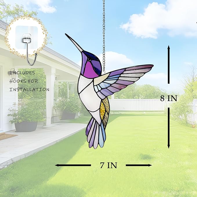 Hummingbirds Suncatcher Stained Glass, Hummingbird Suncatcher Ornament, Hummingbird Suncatcher for Grandma/Mom/Women (Purple)