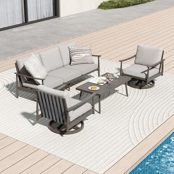 4 Pieces Patio Furniture Set, Aluminum Outdoor Patio Furniture Sets, 2 Swivel Chairs and 3 Seater Couch with Thick Cushion, Patio Conversation Set for Backyard Deck Poolside, Greige & Grey