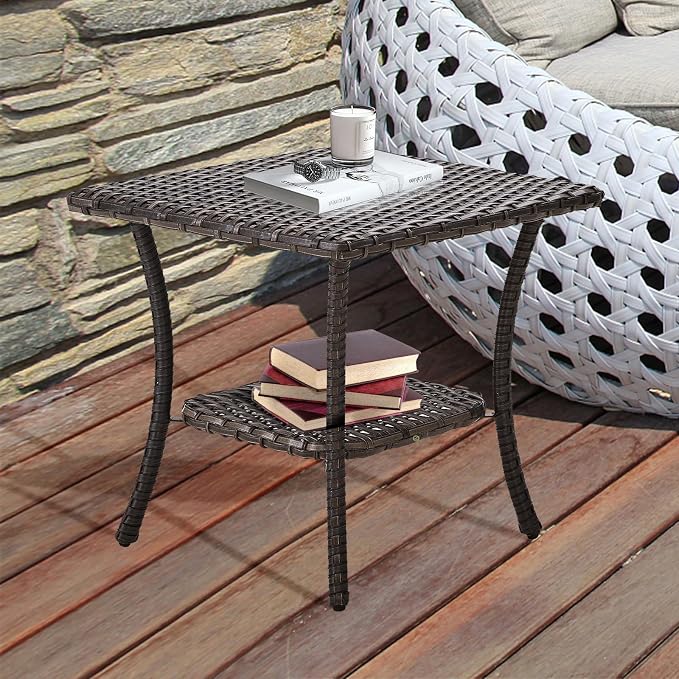 Patio Wicker Side Table-Outdoor PE Rattan End Table with 2-Tier Storage Shelf Square Coffee Table for Deck Porch Garden Backyard-Brown