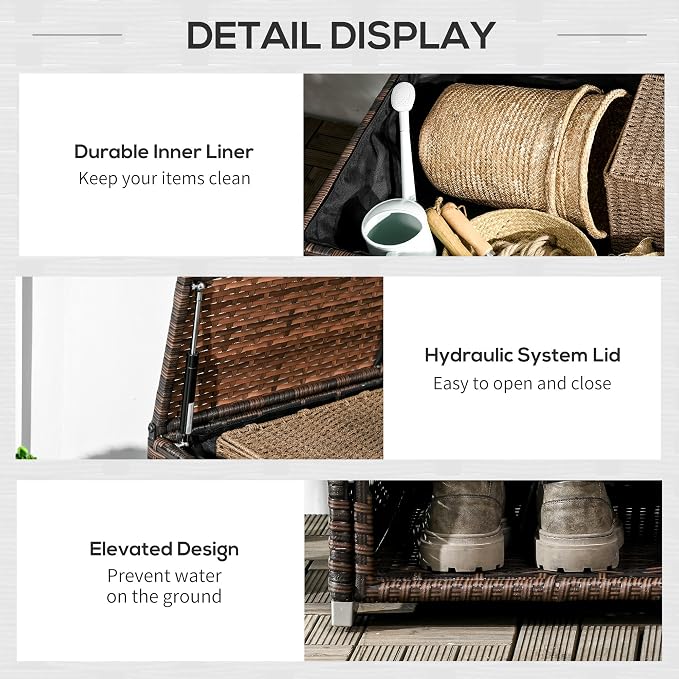 Outdoor Deck Box Shoe Storage, PE Rattan Wicker Towel Rack with Liner for Indoor, Outdoor, Patio Furniture Cushions, Pool, Toys, Garden Tools, Brown