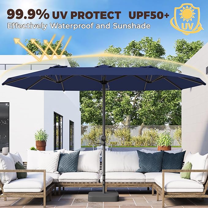 GDPFN 13FT Large Patio Umbrella, Outdoor Deck Standing Umbrella with Crank Handle, Double-Side Rectangular Pool Umbrella for Outside, Market, Patio, Navy Blue