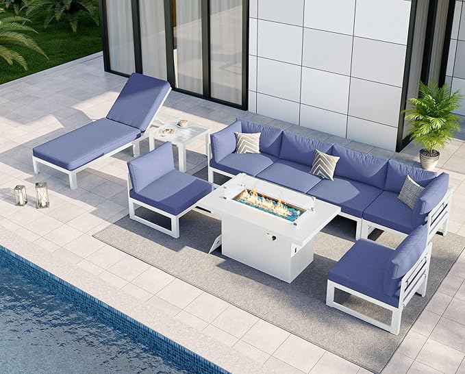 NICESOUL 9 Piece Modern Aluminum Outdoor Patio Furniture Set with Lounge & Fire Pit Table, Large All-Weather Modular Sectional Couch, 29" Wide Deep Seating Conversation Sofa for Poolside, Denim Blue