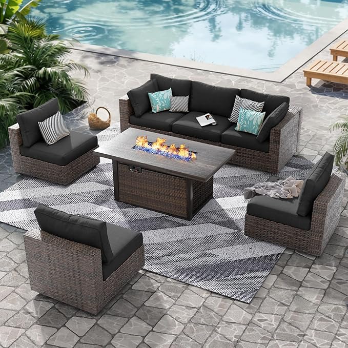 Grezone Patio Furniture Set,7 Piece Patio Furniture Set with Fire Pit Table,PE Wicker Rattan Sectional Sofa Patio Conversation Set with Thickened Cushions, Black