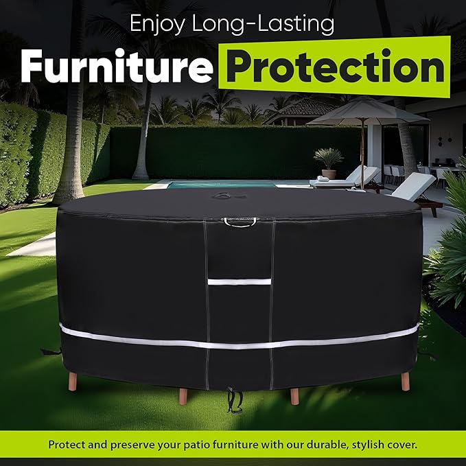75" Round Patio Table Cover with Umbrella Hole, Waterproof 600D Heavy Duty Outdoor Furniture Cover, UV Resistant Windproof Patio Table and Chair Set Cover, All Weather Round Table Cover