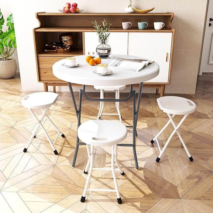 Tangkula 32" Round Folding Table, Portable Picnic Table with All-Weather HDPE Tabletop, Heavy-Duty Metal Frame, Heavy Duty Plastic Outdoor Table for Camping, Dining, BBQ, Party, No Assembly Needed