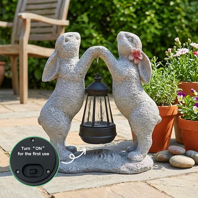 Rabbit Solar Garden Statue, Outdoor Double Bunny Decorations with Hanging Lantern, Bunny Figurines Decor for Patio Yard Lawn, Whimsical Housewarming Gifts for Women & Garden Lovers