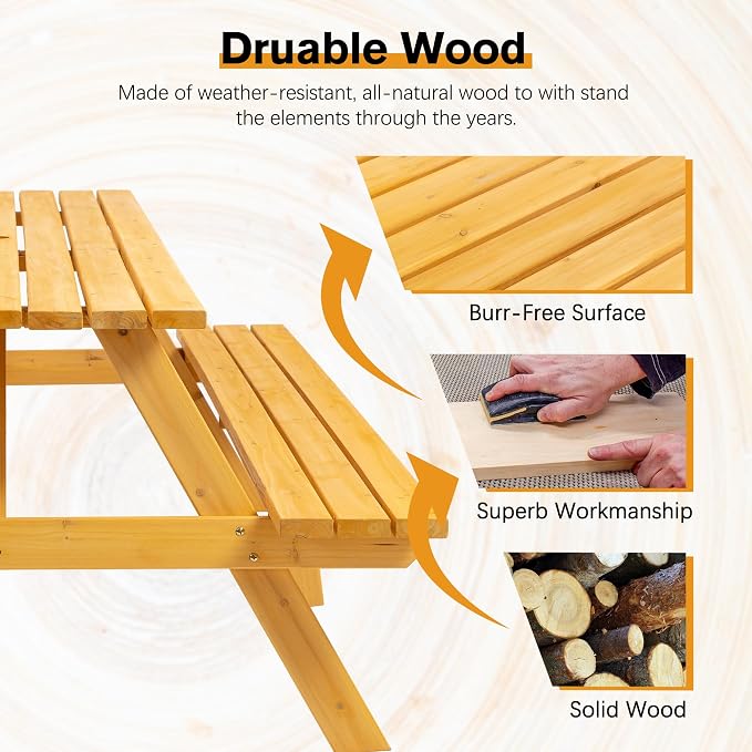 Hohuqeri Picnic Table Bench Set for 8 Persons, 6FT Large Camping Table, Wood Outdoor Dining Beer Table Set with 2” Umbrella Hole for Patio Lawn Garden (Yellow)