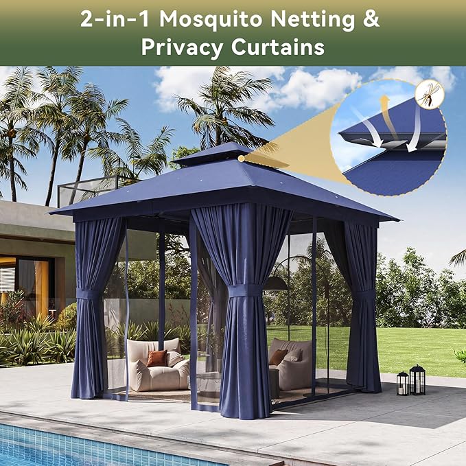 8'x8' Gazebo, Outdoor Gazebo Metal Frame Canopy with Double Roofs, Heavy Duty Patio Tent Shelter with Mosquito Netting and Privacy Screen for Backyard, Blue