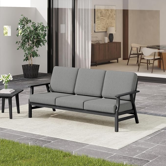 4 Pieces Patio Furniture Sets, Black Wood Outdoor Sectional Furniture with Coffee Table, 5 Seats Patio Sofa Couch Conversation Set for Backyard Deck - Gray