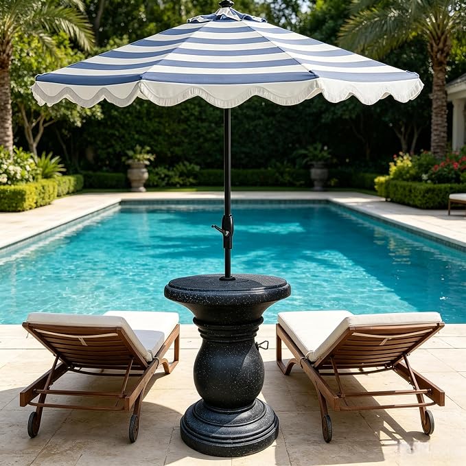 Outdoor Umbrella Side Table, Patio Table with Umbrella Hole for Porch, Concrete Modern Coffee Picnic or Poolside Table, Black