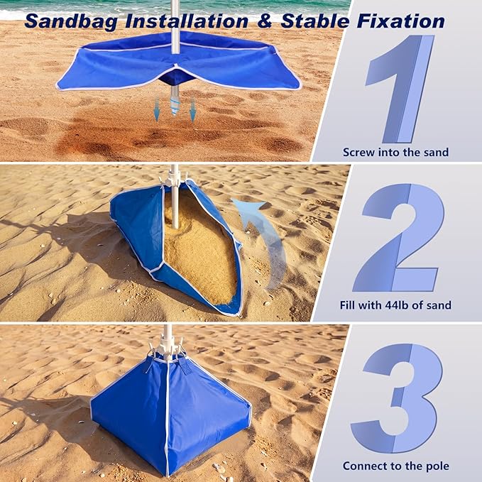 Fisqueen 8FT Large Beach Umbrella with Level 7 Wind Resistance, Sand Anchor, Portable Outdoor Umbrella with UPF50+ UV Protection, Tilt Sun Shelter for Beach, Patio, Yard