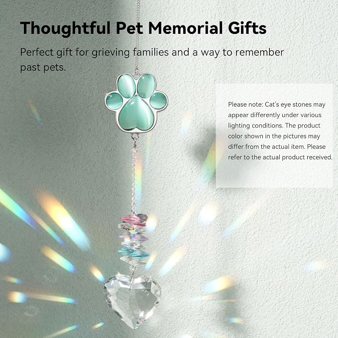 Dog Memorial Gifts, Pet Memorial Suncatcher, Loss of Dog Sympathy Gift | Thoughtful Dogs and Cats Bereavement Remembrance Gifts, Natural Cat's Eye Stone Paw Crystal Suncatcher