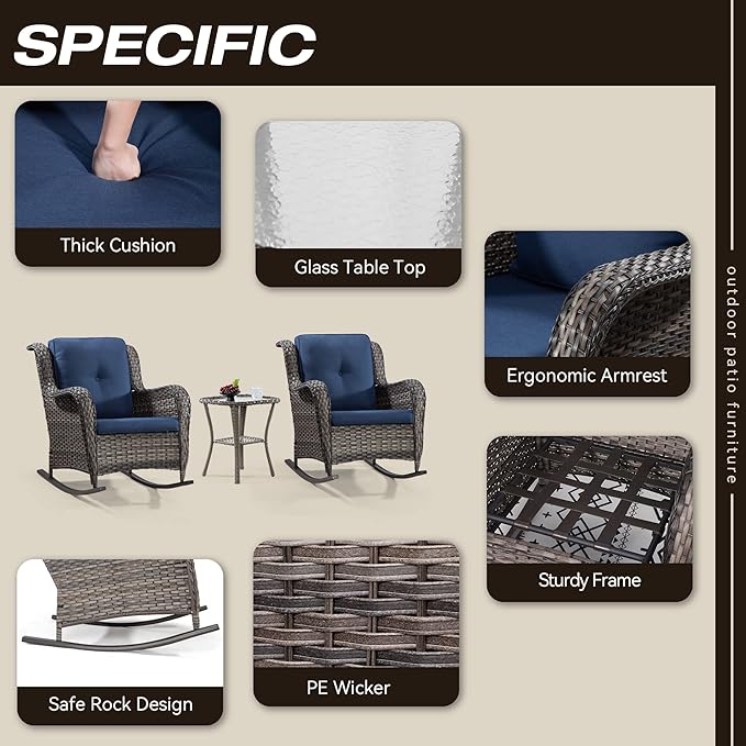 Outdoor Wicker Patio Rocking Chair - All-Weather Lawn Rocking Wicker Furniture with Alloy Steel Frame & Olefin Fabric Cushion, Blue