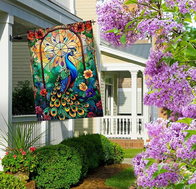Stained Glass Peacock Garden Flag Spring Summer House Flag Double Sided 28x40 Inch, Outdoor Decorative Flag for Yard Lawn and Patio