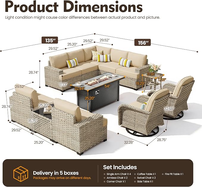 HOOOWOOO Sectional Patio Furniture Set with Fire Pit Table,12 Pieces Wicker Outdoor Furniture L Shaped Couch,Outside Conversation Set Extra Deep Seat Sofa Wide Arm Swivel Chairs Solar Light,Beige