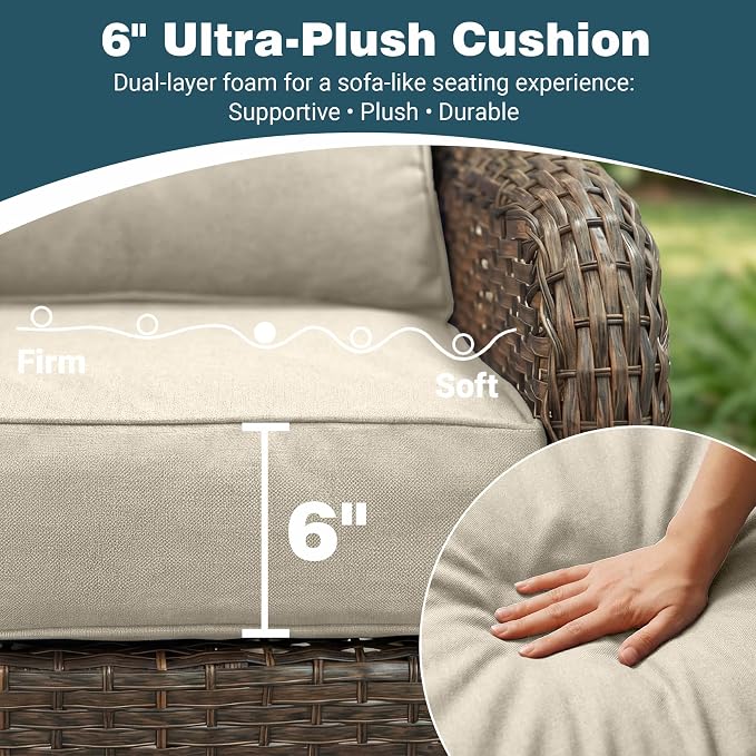 Patio Furniture Set, 2PCS Outdoor Wicker Conversation Set with 6" Thick Cushions, High Back Rattan Sofa, Weather Resistant Olefin Fabric for Garden, Poolside, Beige