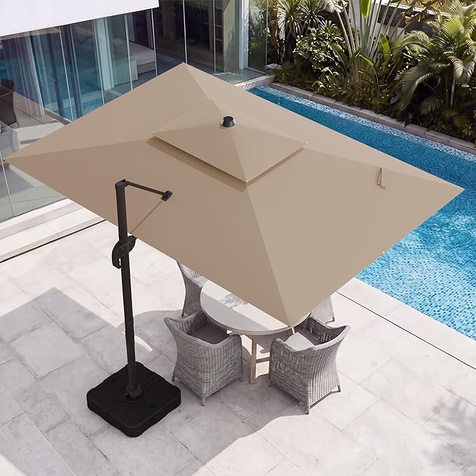 10x13 FT Patio Cantilever Umbrella (Base Not Included) (Base Not Included), Rectangular Heavy Duty Offset Umbrella for 8-10 People, 360°Rotation & Mult Tilt, Double Top Design, for Pool Garden Deck (Tan)