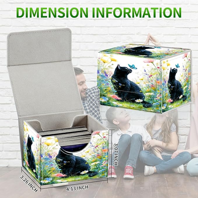 Card Deck Box for MTG, Cards Storage Box Fits 120+ Sleeved, Leather Small Size Strong Magnetic Closing Card Case for Board Games Magic TCG CCG Baseball Collection, Lawn Black Cat