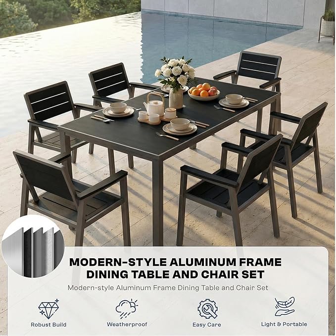 7 Piece Patio Dining Set for 6, Outdoor HDPE Table and Chairs with Umbrella Hole, All Weather Outdoor Furniture for Backyard, Deck, Lawn, Poolside, Black