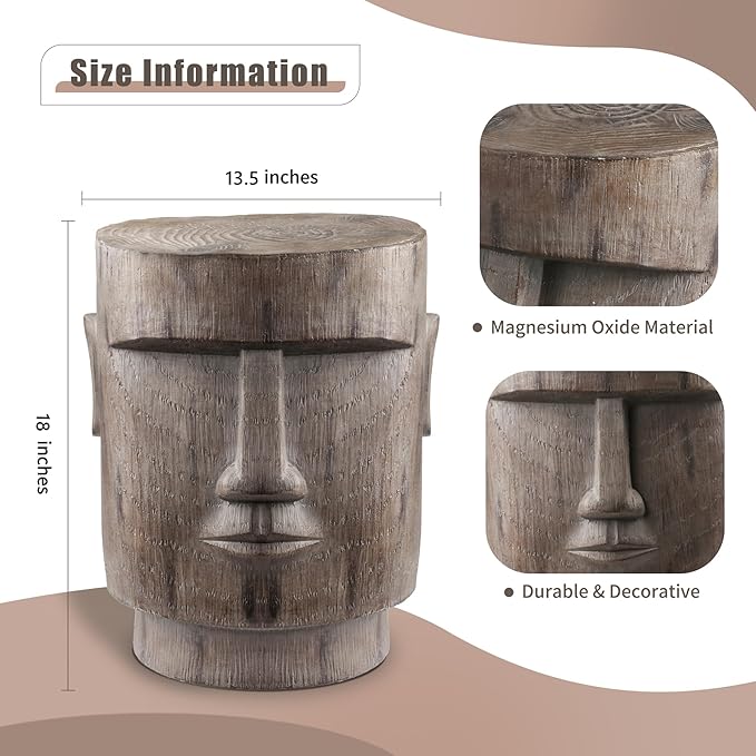 Outdoor Side Table Easter Island AHU Akivi Moai Statue Pedestal End Table Stool for Home Patio Deck Sunroom Garden Balcony Yard Lawn Grey