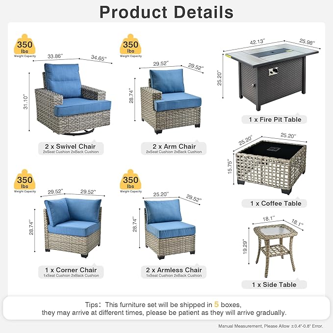 Weaxty 10 Pieces Outdoor Patio Furniture Set with Swivel Rocking Chair, Outdoor Sectional Sofa Couch Wicker Modular Patio Conversation Set w/42 Fire Pit and Coffee Side Table,Sapphire Blue
