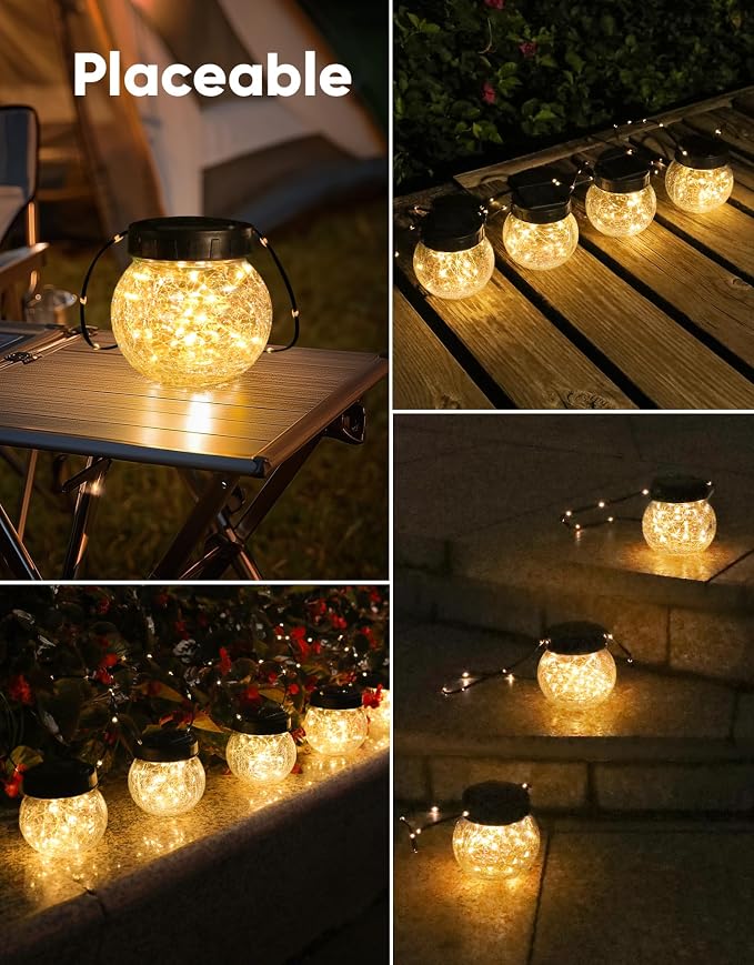 Solar Lights Outdoor Waterproof 12-Pack, Solar Powered Hanging Lantern Cracked Glass Hanging Globes for Yard Decor Christmas Decoration, Shepherd Hook, Garden Tree Ornaments, Warm White