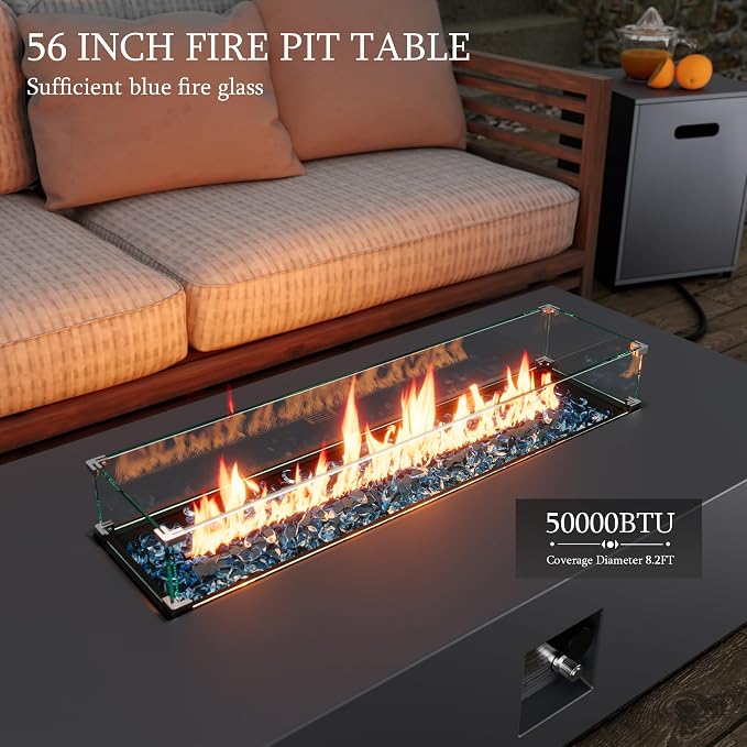 UPHA 7 Pieces Patio Furniture Set with 56" Propane Gas Fire Pit Table, Metal Outdoor Sectional Couch Set with Loveseat & 3-Seat Sofa, Modern Patio Conversation Set for Porch Balcony Deck, Beige