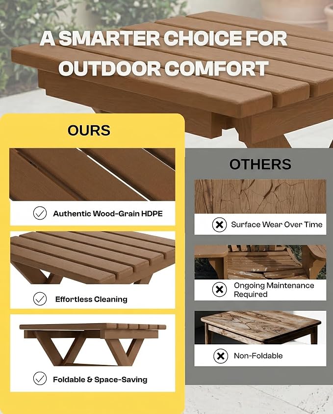 Outdoor Folding Side Table,HDPE Material, Portable Space-Saving Design, Weather-Ready with Authentic Wood-Grain Feel (Teak, 1 Table)