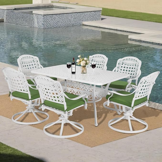 VIVIJASON 7-Piece Outdoor Furniture Dining Set, All-Weather Cast Aluminum Patio Conversation Set, Include 6 Swivel Dining Chairs and a Rectangle Table with Umbrella Hole, White/Green Cushion