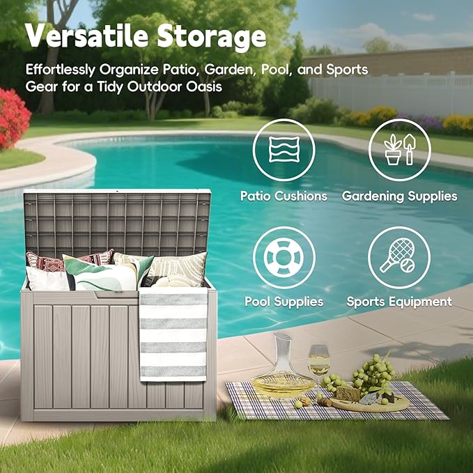 LubanNese Outdoor Storage Box, 50 Gallon Waterproof Resin Deck Box, Storage Bin for Package Delivery, Patio Furniture Cushion, Garden Tools, Pool Accessories, Weatherproof and UV Resistant, Grey