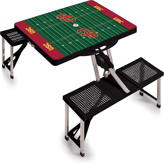 PICNIC TIME NCAA USC Trojans Folding Picnic Table with 4 Seats, Camping Table, Outdoor Table with Umbrella Hole, (Black - Football Field)