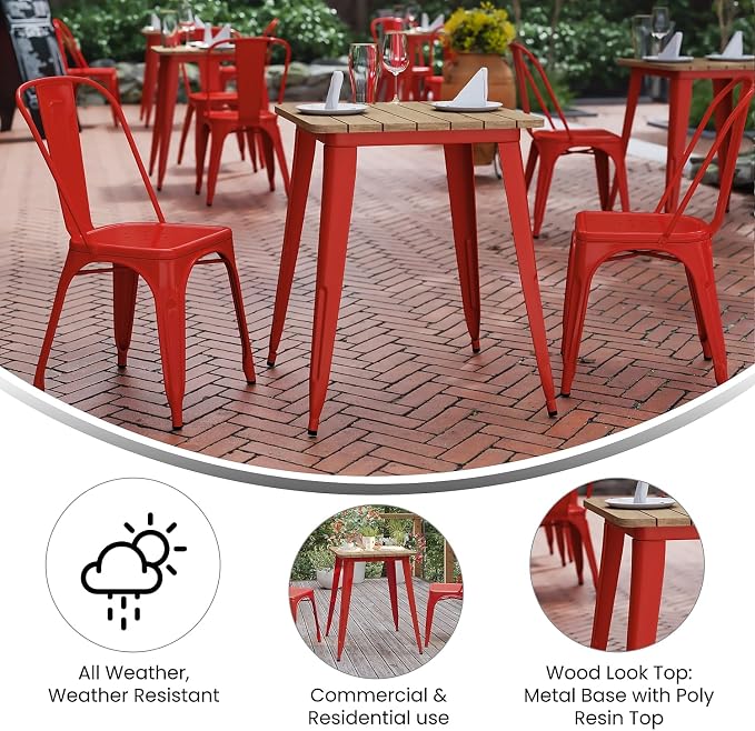 Flash Furniture Declan Commercial Outdoor Dining Table, All Weather Poly Resin Top with Steel Base, 23.75" Square, Brown/Red