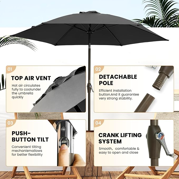 Ayge 7.5FT Large Outdoor Patio Umbrella Market Table Umbrella-UV Resistant, Easy Push Button Tilt and Crank, 6 Sturdy Fiberglass Ribs Heavy-Duty Pool Umbrella for Deck, Backyard,Garden, Yard,Black